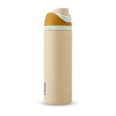 FreeSip 24oz water bottle, sandy cream body with warm golden-yellow lid base, mint green flip cap, and carry loop