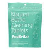 Bottle Cleaning Tablets 20 Pack in EcoBrite; front of teal resealable packet labeled \Natural Bottle Cleaning Tablets EcoBrite\