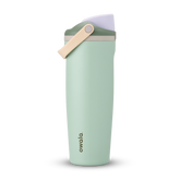 FreeSip Sway 32oz in Eucalyptus, sage green insulated water bottle with sage green flip cap, cream tan carry loop and lavender lid interior, lid open