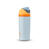 Kids FreeSip 16oz in Blue, light powder blue insulated bottle with bright orange lid and accent band, yellow-orange flip cap, light blue carry loop, and orange Owala logo