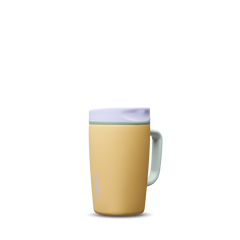 SmoothSip Slider with Handle 12oz in Beachfront, golden yellow insulated mug with lavender slider lid, mint green handle, and lavender slider button