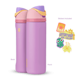 FreeSip 24oz in Rapunzel, lavender purple insulated bottle with light pink flip cap, purple lid, pink accent band, and yellow carry loop, shown front and back with included sun tower, "Adventures Are Calling" mountain, Pascal chameleon, and yellow flower stickers