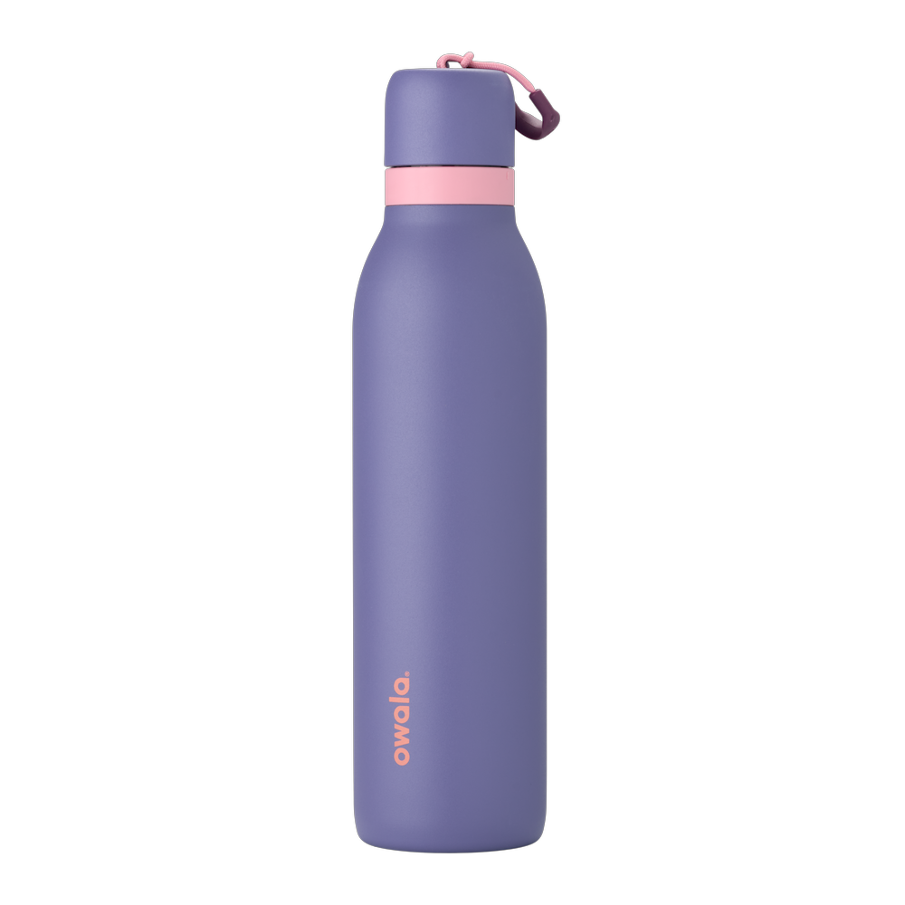 FreeSip Twist 24oz in Blue Jay, soft purple-periwinkle insulated water bottle with matching purple twist cap, light pink twist cap accent band, pink carry string with dark plum grip, and coral Owala logo