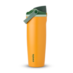FreeSip Sway 32oz, bright golden yellow tumbler with dark olive green flip cap and carry loop