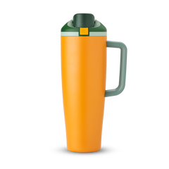 FreeSip Tumbler 40oz in Orange Grove — bright orange body with dark forest green lid and orange handle, viewed from the handle side