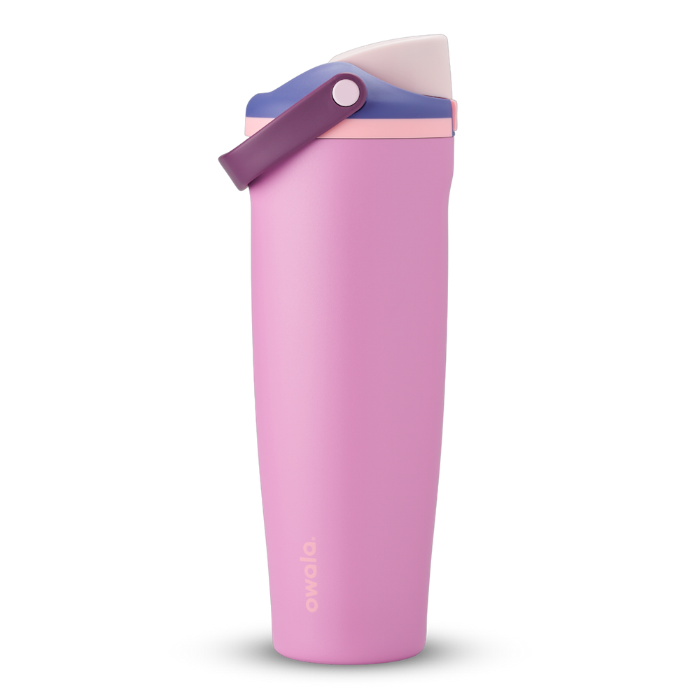 FreeSip Sway 40oz in Pretty in Purple, soft pink insulated water bottle with violet purple flip cap, deep purple carry loop and pale pink accent, lid open