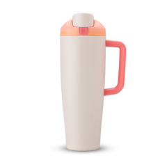 FreeSip Tumbler 40oz in Sparkling Sherbet — cream white body with coral pink lid and handle, viewed from the handle side