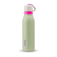 FreeSip Twist 18oz in Neo Sage, sage green insulated water bottle with cream twist cap, hot pink twist cap accent band, magenta carry string, and purple Owala logo