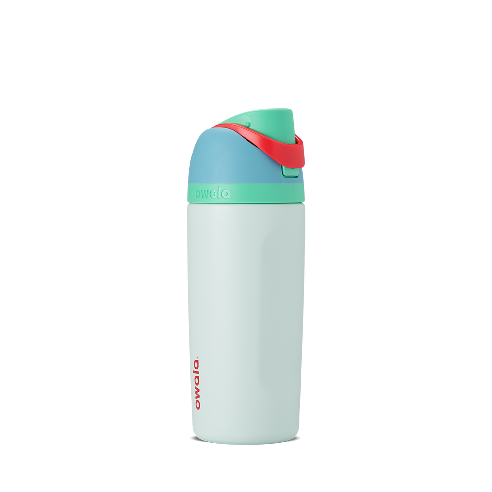 Kids FreeSip 16oz in Rainforest, pale mint green insulated bottle with teal flip cap, red carry loop accent, and teal lid