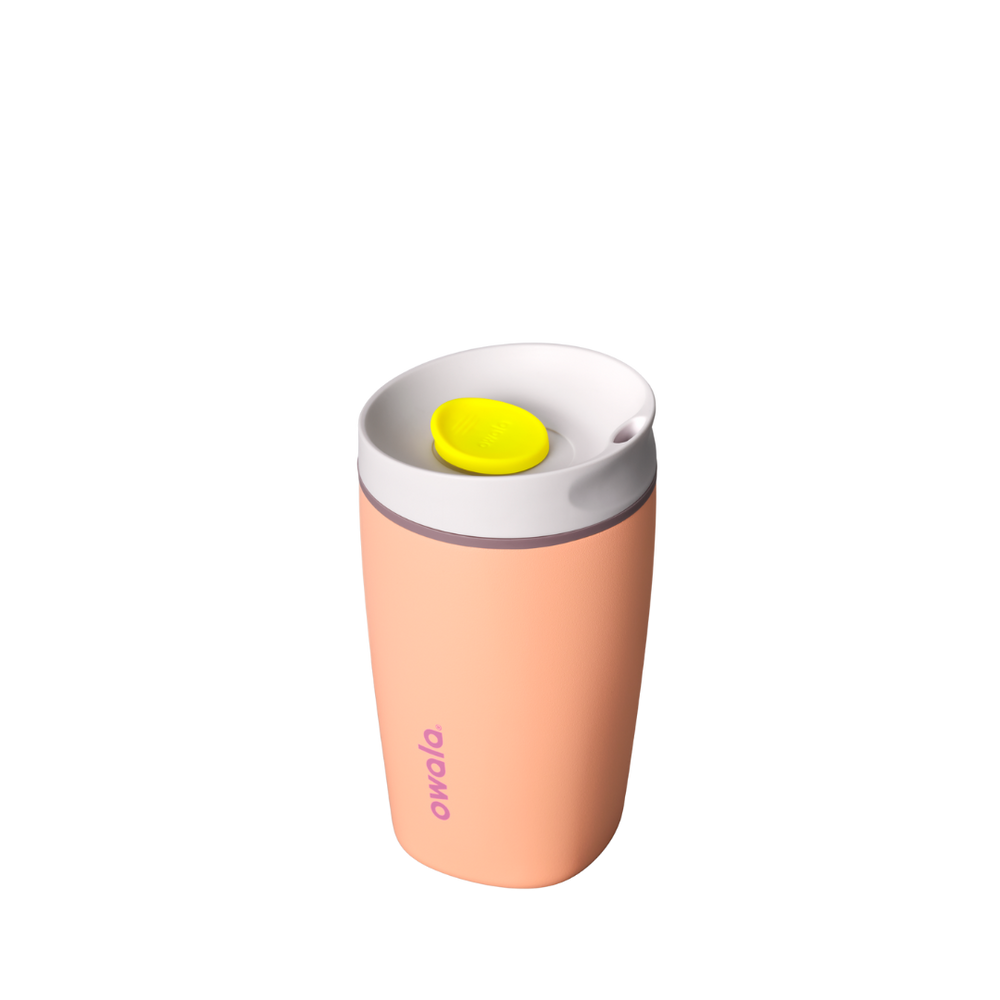 SmoothSip Slider 12oz, peach orange body with white lid and yellow slider button