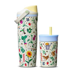 Owala Mother's Day Garden FreeSip Sway and Kids' Tumbler side by side; both in cream white with colorful garden print of flowers, strawberries, hummingbirds, bees, and a squirrel; FreeSip Sway has a yellow flip cap and light blue carry loop, Kids' Tumbler has a light blue lid and yellow straw