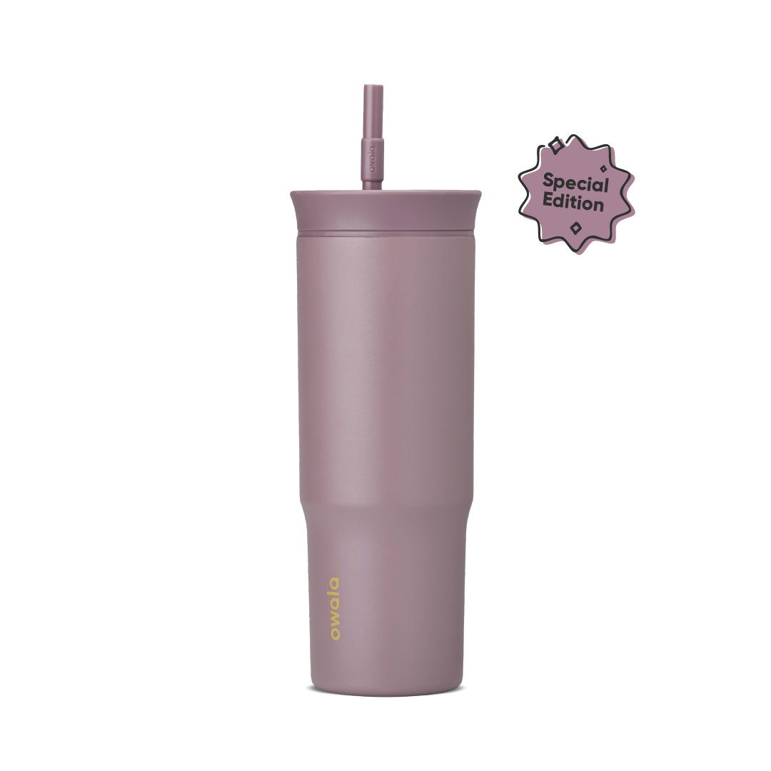 24oz Tumbler in Spring Revival; matte mauve-purple insulated tumbler with matching mauve lid and straw, golden yellow Owala wordmark on front