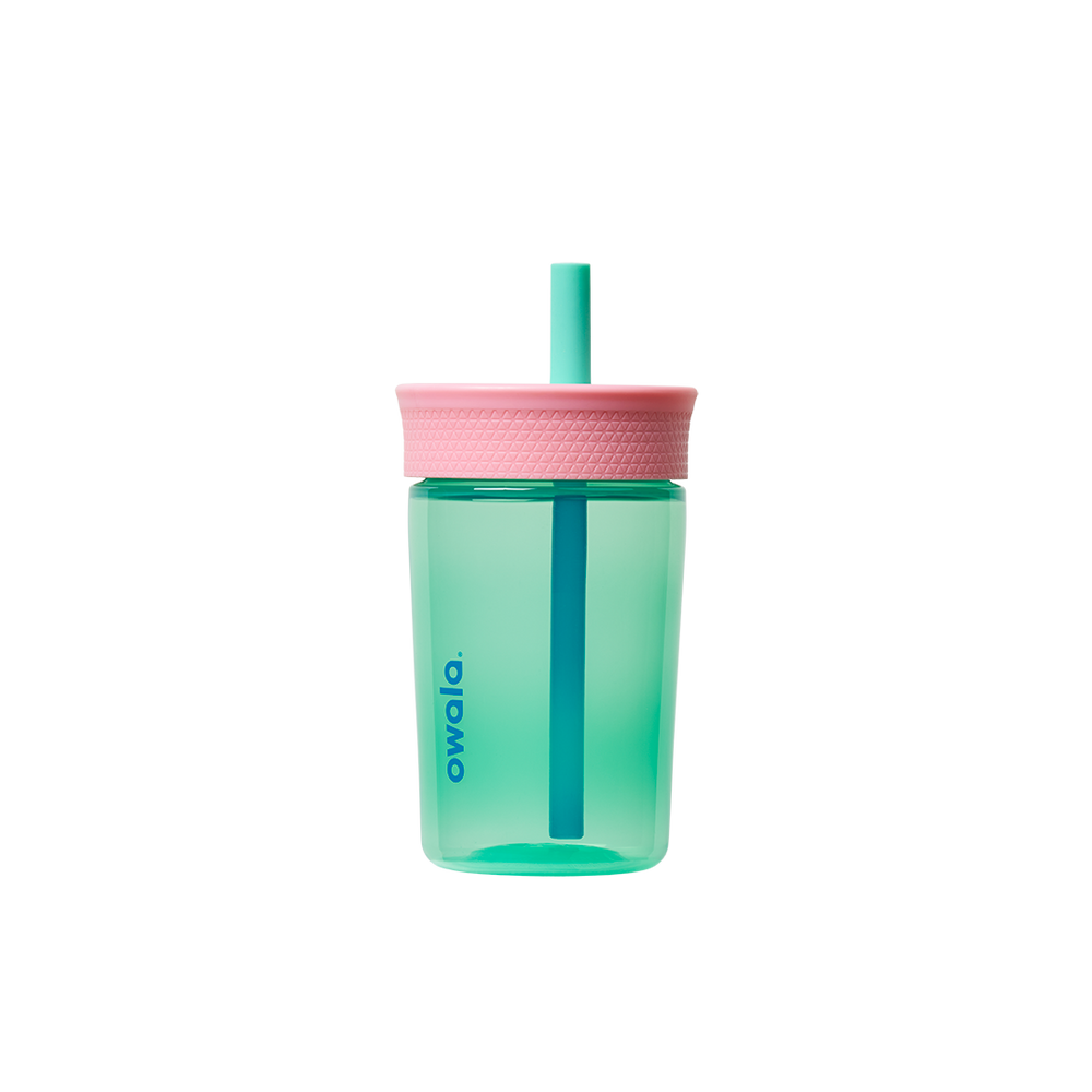 Kids Tumbler 15oz in Reel Cool Fish, mint teal transparent body with pink lid and mint straw