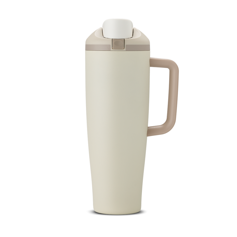 FreeSip Tumbler 40oz Lightly Toasted, warm cream/off-white body with white flip cap and matching cream handle