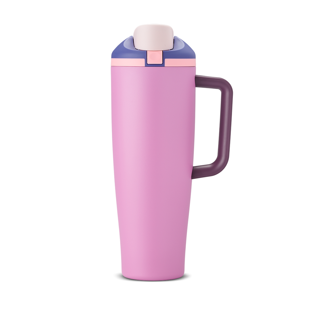 FreeSip Tumbler 40oz Pretty in Purple, soft lilac/lavender pink body with purple lid, white flip cap, and purple handle