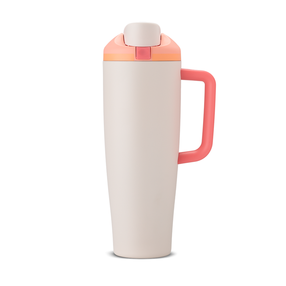 FreeSip Tumbler 40oz Sparkling Sherbet, cream/off-white body with coral/salmon lid and handle