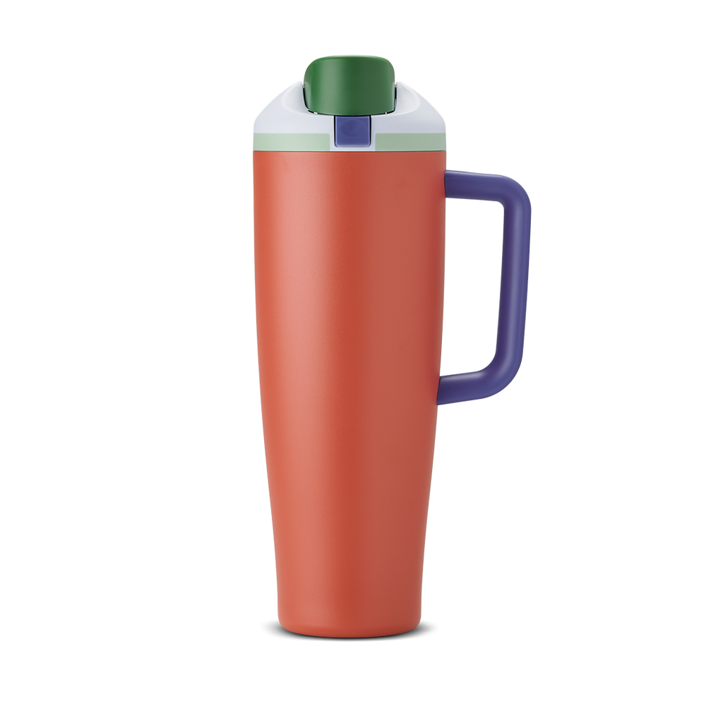 FreeSip Tumbler 40oz Summer Harvest, burnt orange/terracotta body with white flip cap, green accent, and purple handle