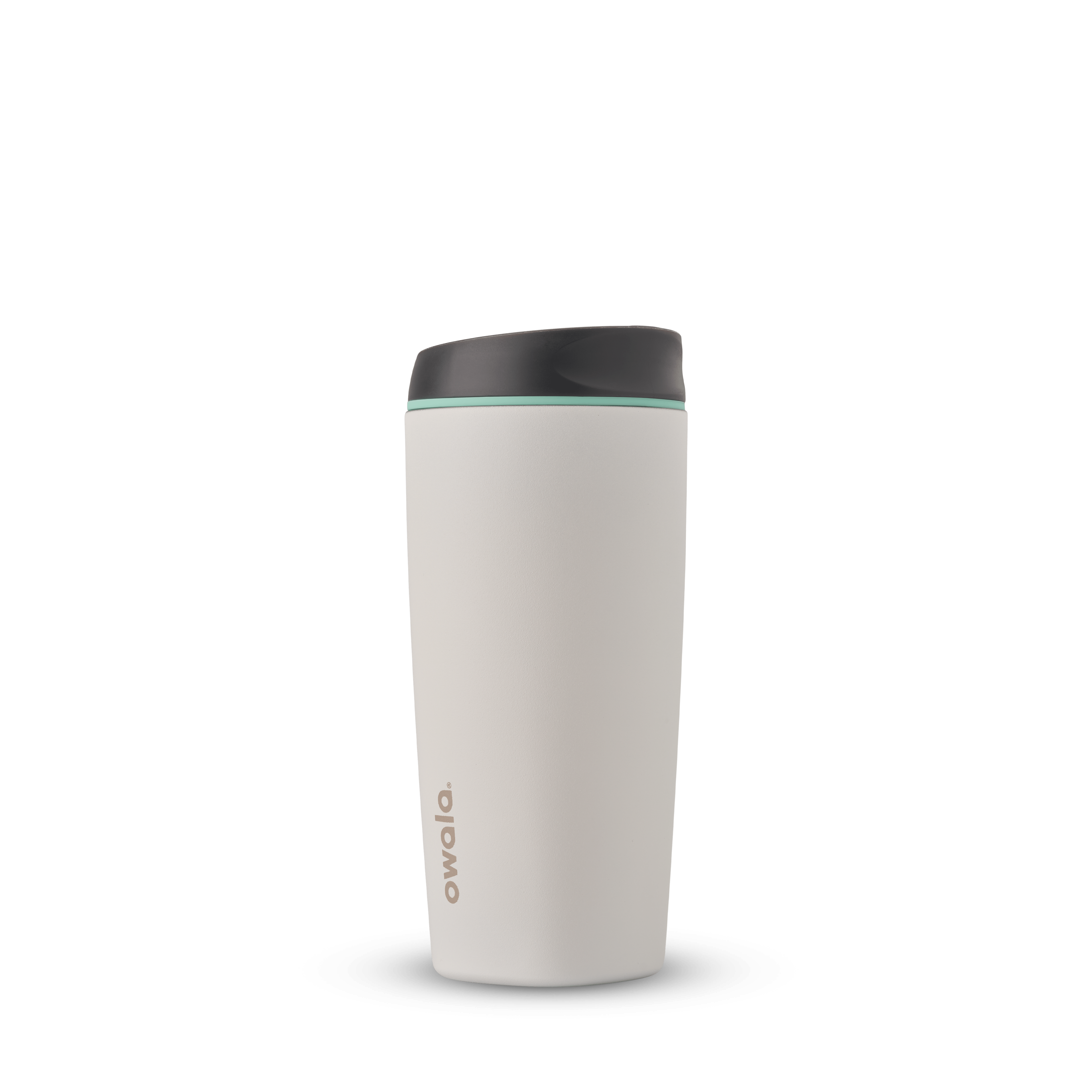 SmoothSip 20oz in Cloudscape, off-white cream tumbler body with charcoal gray flip-style lid and mint green accent ring