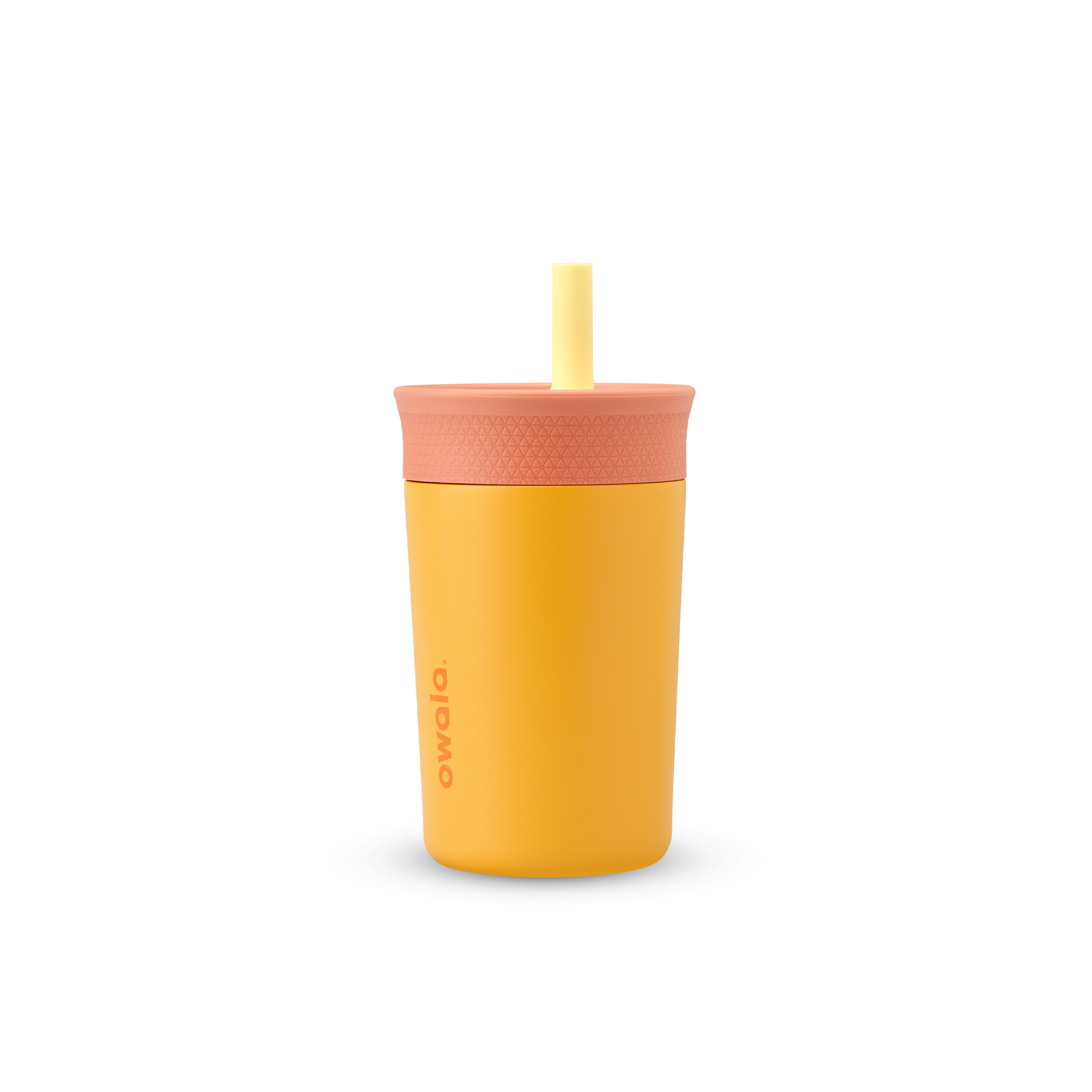 Kids' Tumbler 12oz in Picnic; mustard yellow insulated tumbler with peach lid and pale yellow straw, orange Owala logo on front