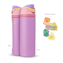 FreeSip 24oz in Rapunzel, lavender purple insulated bottle with light pink flip cap, purple lid, pink accent band, and yellow carry loop, shown front and back with included sun tower, "Adventures Are Calling" mountain, Pascal chameleon, and yellow flower stickers