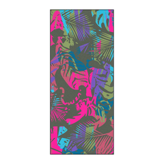 Owala Beach Towel in Dos Tigres; bold pop-art print of stylized pink, blue, green, and purple tigers and tropical leaves on an olive green background